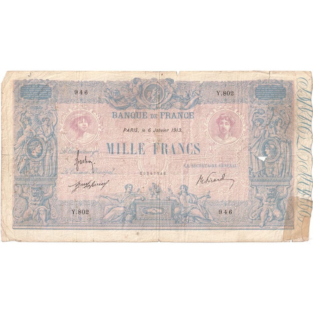 França, 1000 Francs, Bleu et Rose, 1913-01-06, Y.802, VF(20-25)