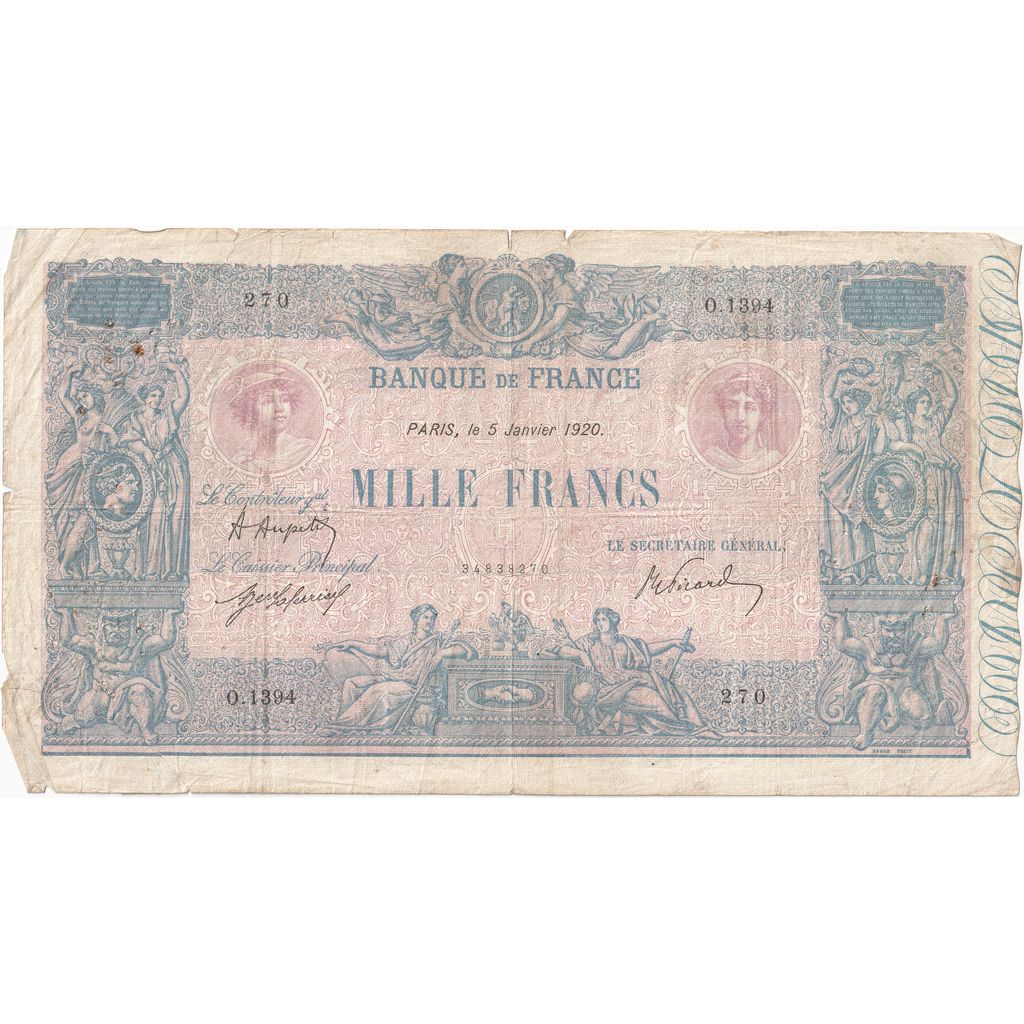 França, 1000 Francs, Bleu et Rose, 1920-01-05, O.1394, VF(20-25)