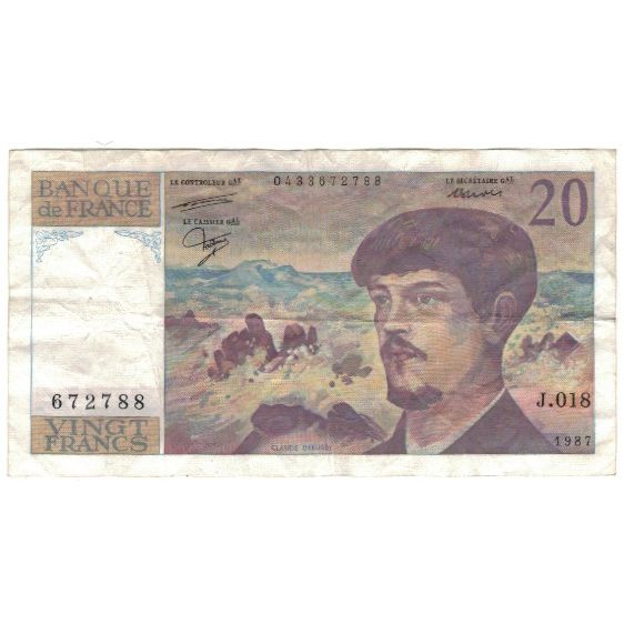 France, 20 Francs, Debussy, 1987, EF(40-45), Fayette:66.8, KM:151b