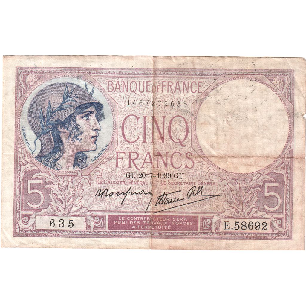 Francja, 5 Francs, Violet, 1939, 1939-07-20, F(12-15), Fayette:4.2, KM:83