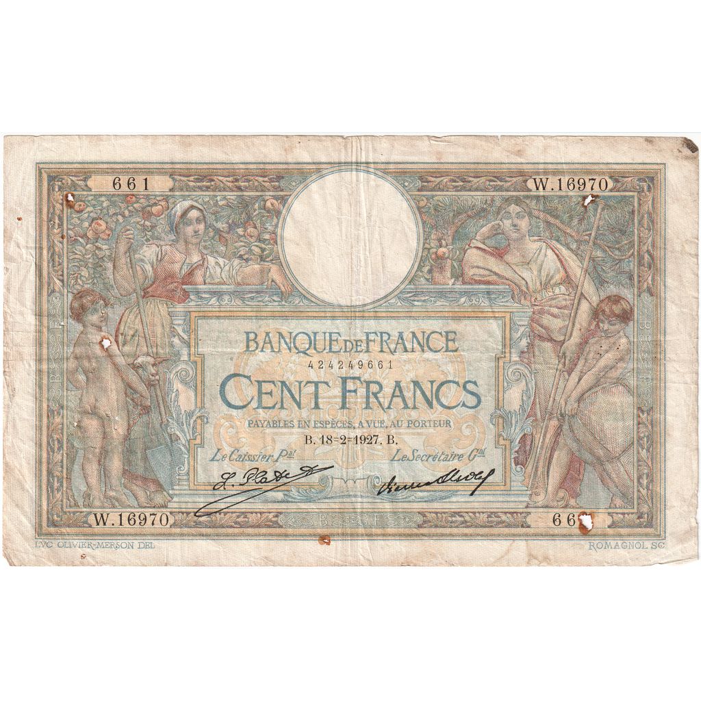 França, 100 Francs, Luc Olivier Merson, 1927-02-18, W.16970, VF(20-25)
