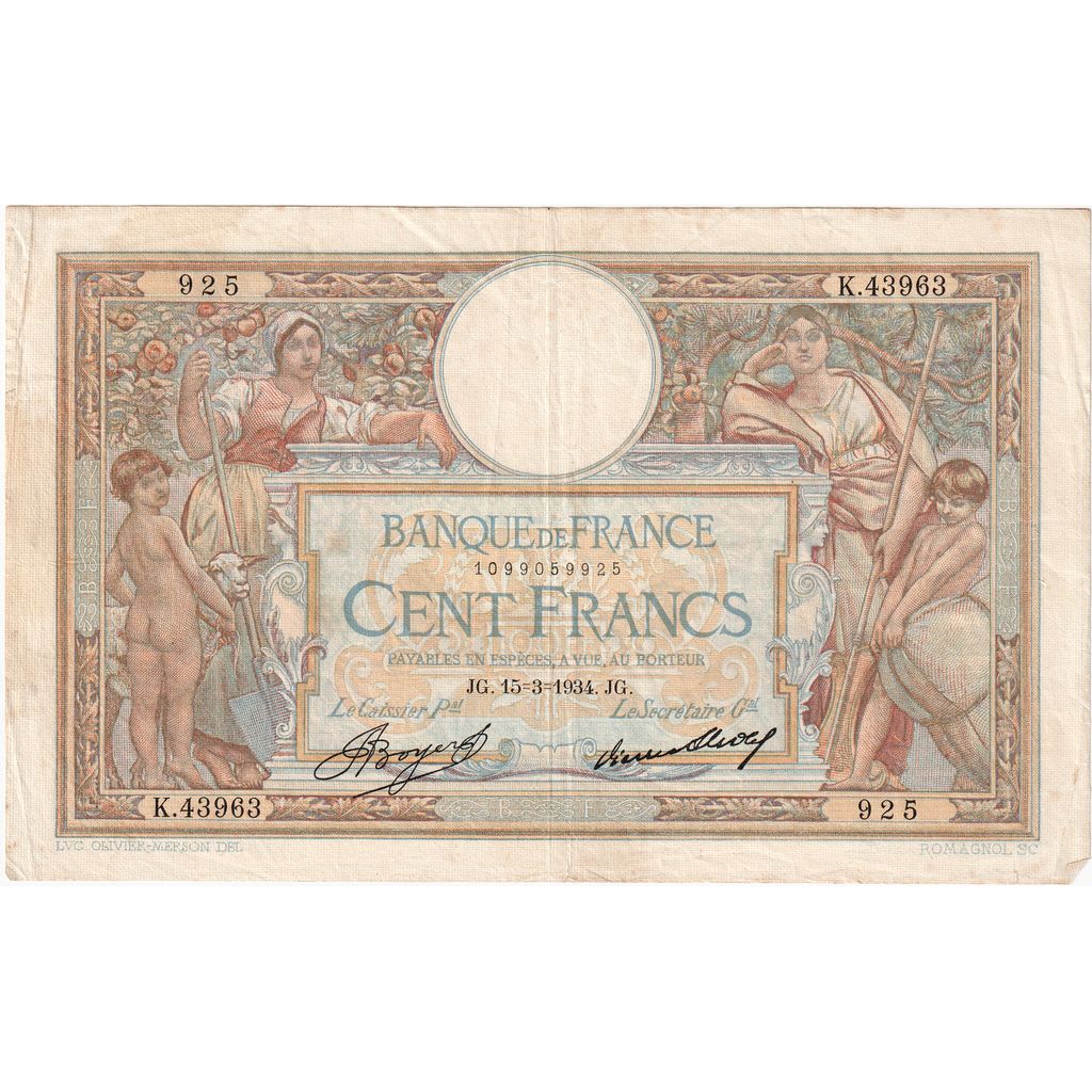 Frankrijk, 100 Francs, Luc Olivier Merson, 1934-03-15, K.43963, TB+