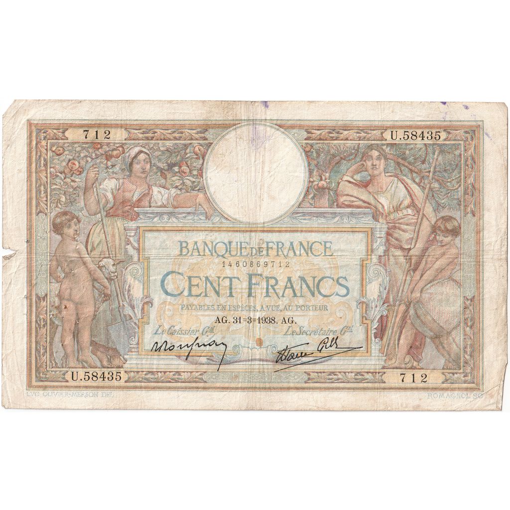 France, 100 Francs, Luc Olivier Merson, 1938-03-31, U.58435, VF(20-25)