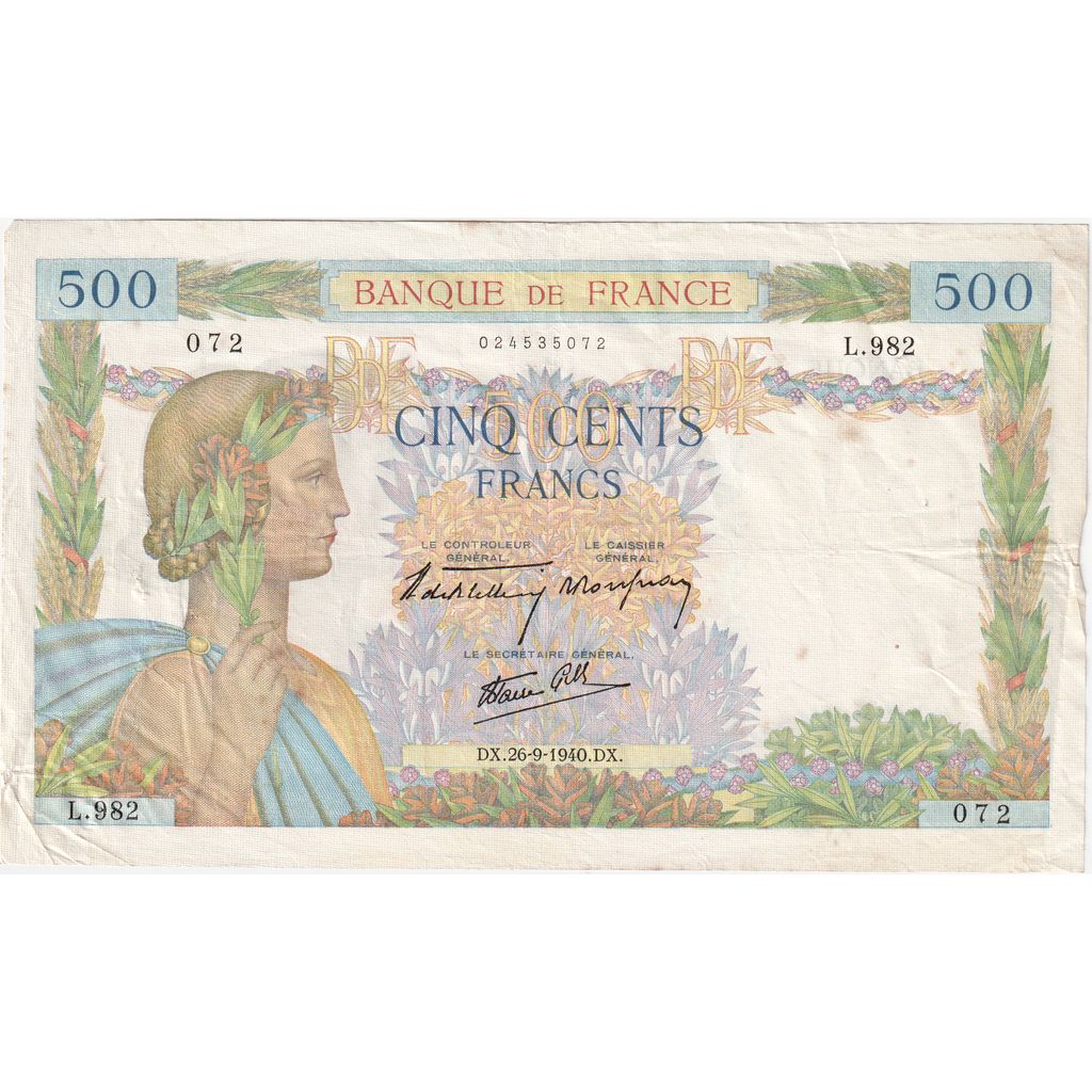 France, 500 Francs, La Paix, 1940-09-26, L.982, EF(40-45)
