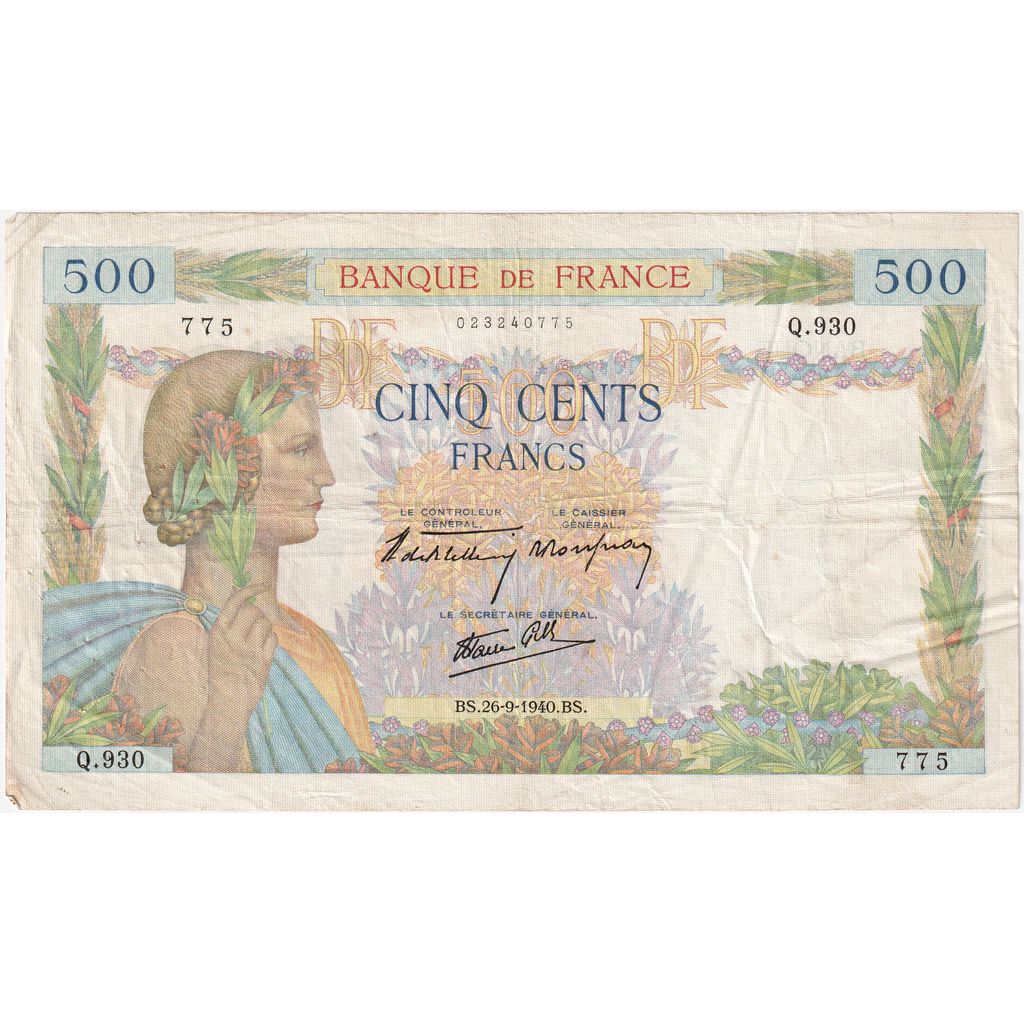 Francia, 500 Francs, La Paix, 1940-09-26, Q.930, MB+