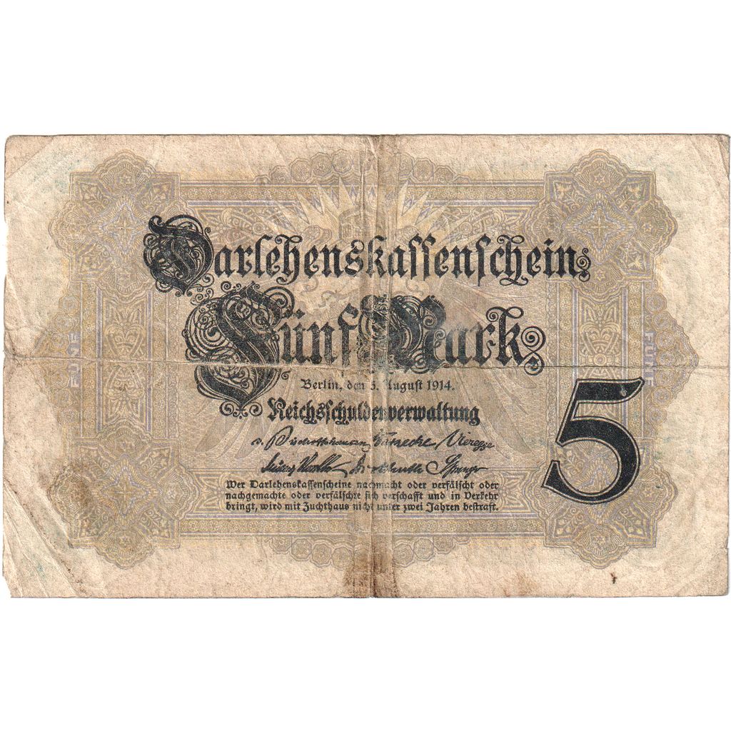 Alemanha, 5 Mark, 1914-08-05, VF(20-25)