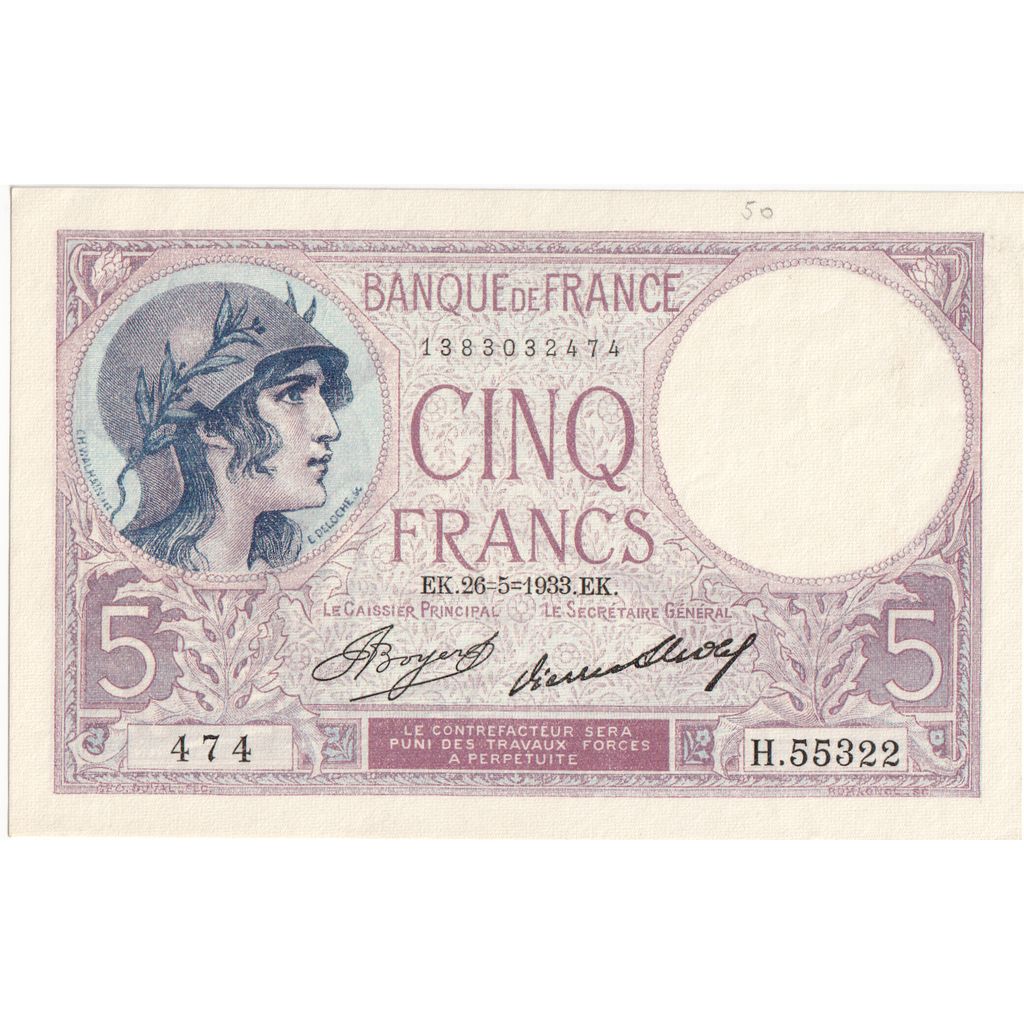 Frankrijk, 5 Francs, Violet, 1933-05-26, H.55322, SPL