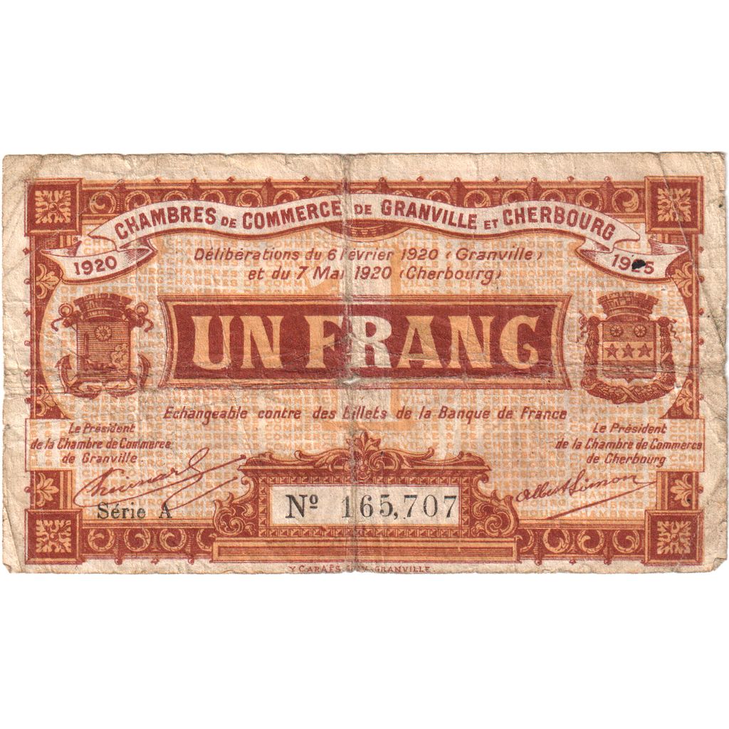 Francia, Cherbourg et Granville, 1 Franc, 1918-11-11, Bon Municipal., MB+