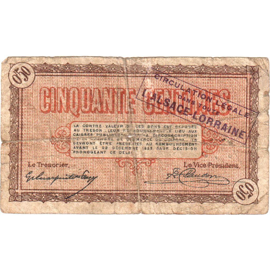 Francja, 50 Centimes, 1918-12-21, SERIE 7 16770, BELFORT, VF(20-25), Pirot:23-48