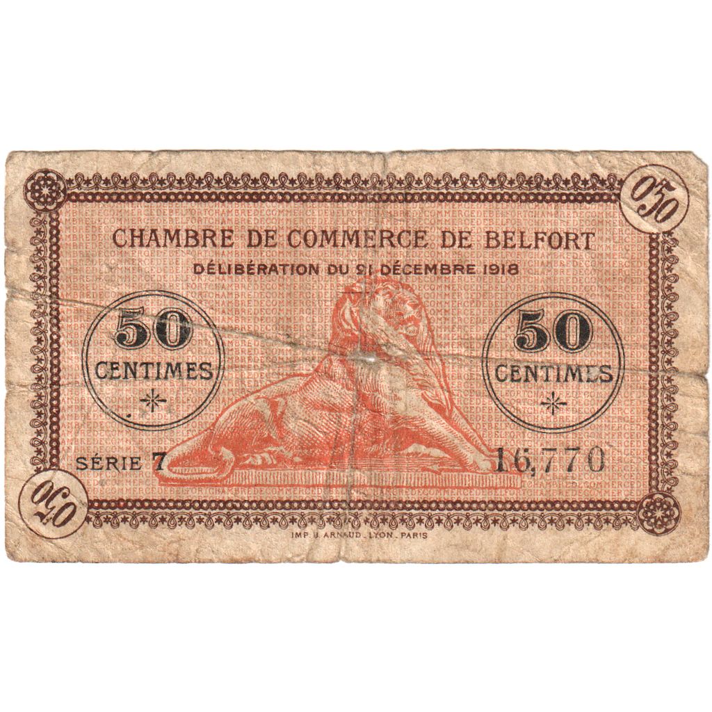 Francja, 50 Centimes, 1918-12-21, SERIE 7 16770, BELFORT, VF(20-25), Pirot:23-48