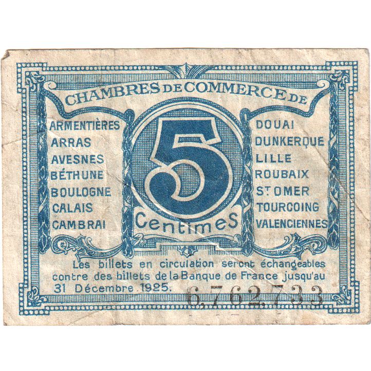 Francia, NORD-PAS DE CALAIS, 5 Centimes, MB, Pirot:94-1