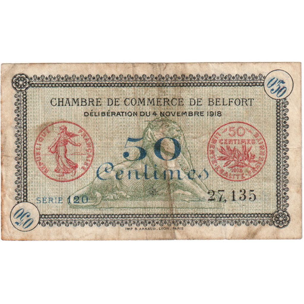 France, 50 Centimes, 1918-11-04, BELFORT, VF(20-25), Pirot:23-41
