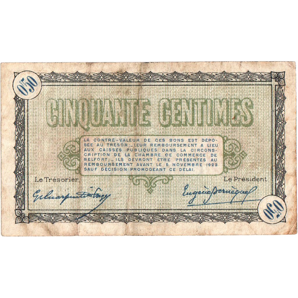 France, 50 Centimes, 1918-11-04, BELFORT, VF(20-25), Pirot:23-41
