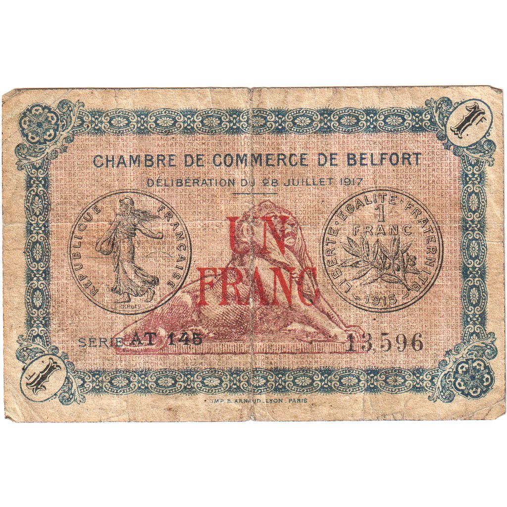 Francja, 1 Franc, 1918-11-04, BELFORT, VF(20-25), Pirot:23-40