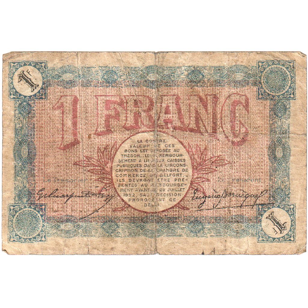 Francja, 1 Franc, 1918-11-04, BELFORT, VF(20-25), Pirot:23-40