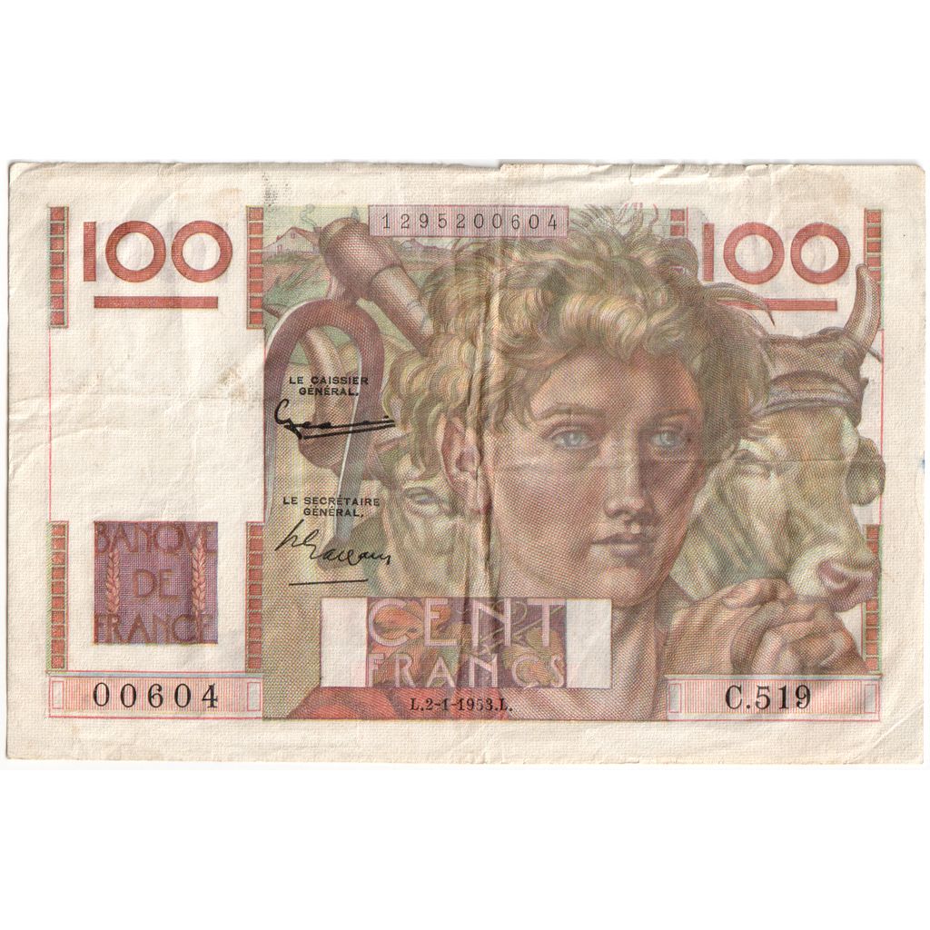 France, 100 Francs, Jeune Paysan, 1953-01-02, C.519, TTB