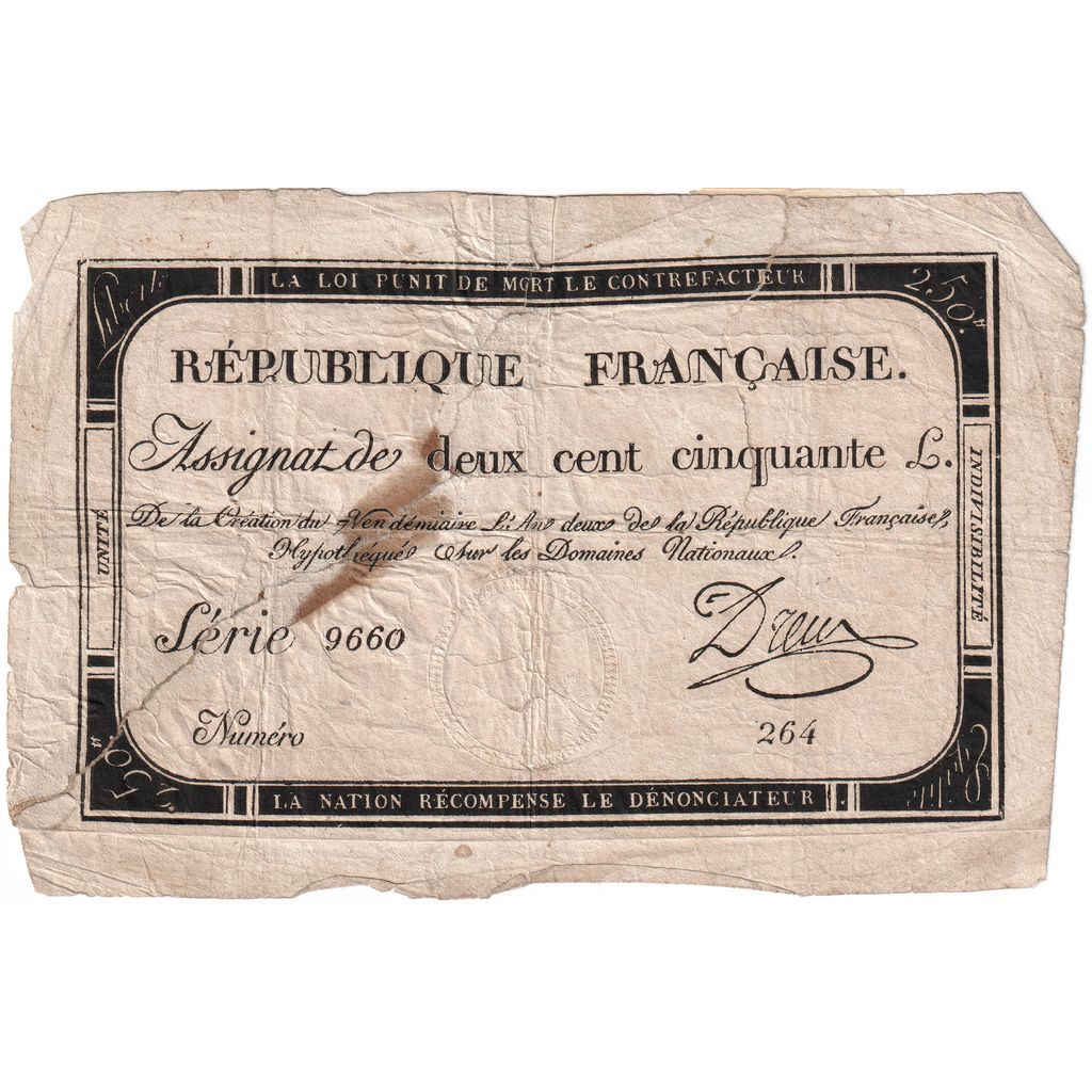 France, 250 Livres, 7 Vendemiaire An II (28.9.1793)., 9660, VF(20-25)