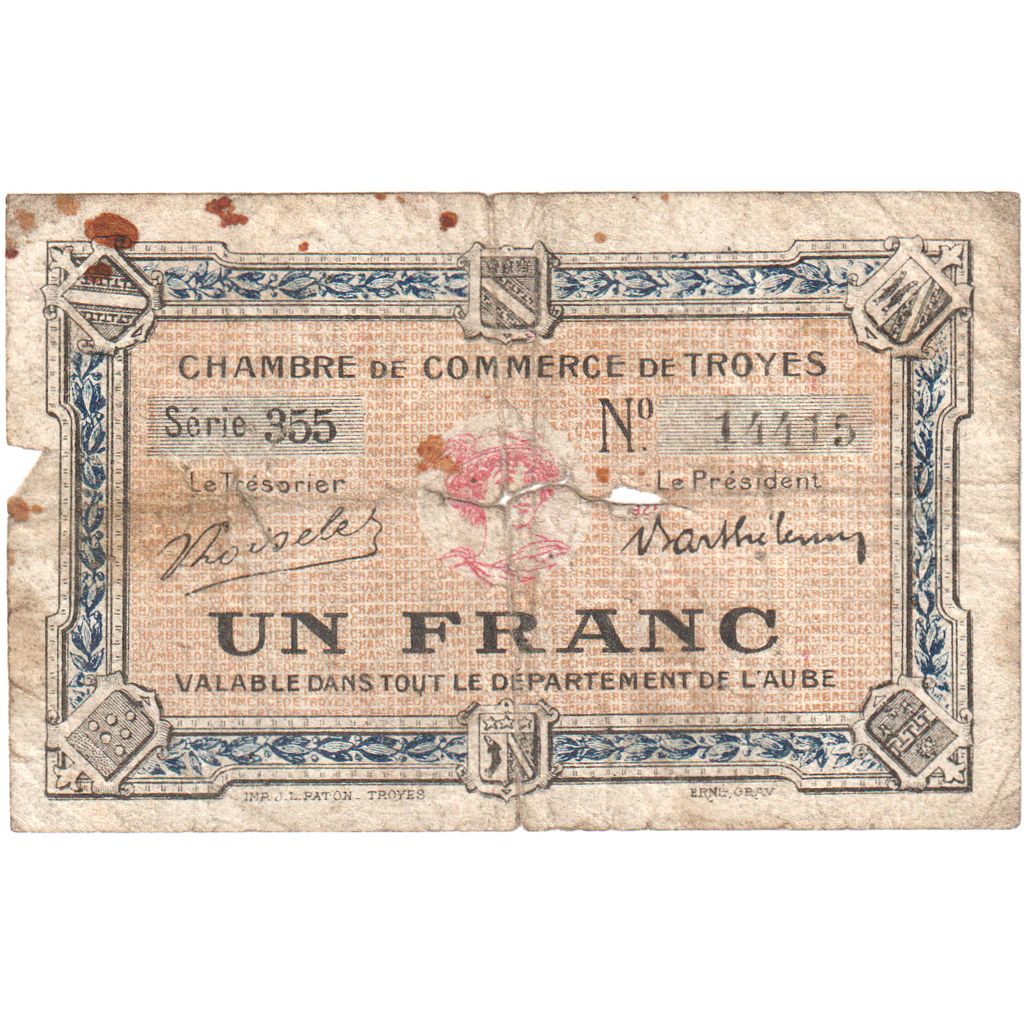 Francia, Troyes, 1 Franc, 1926-01-01, MB, Pirot:124-12