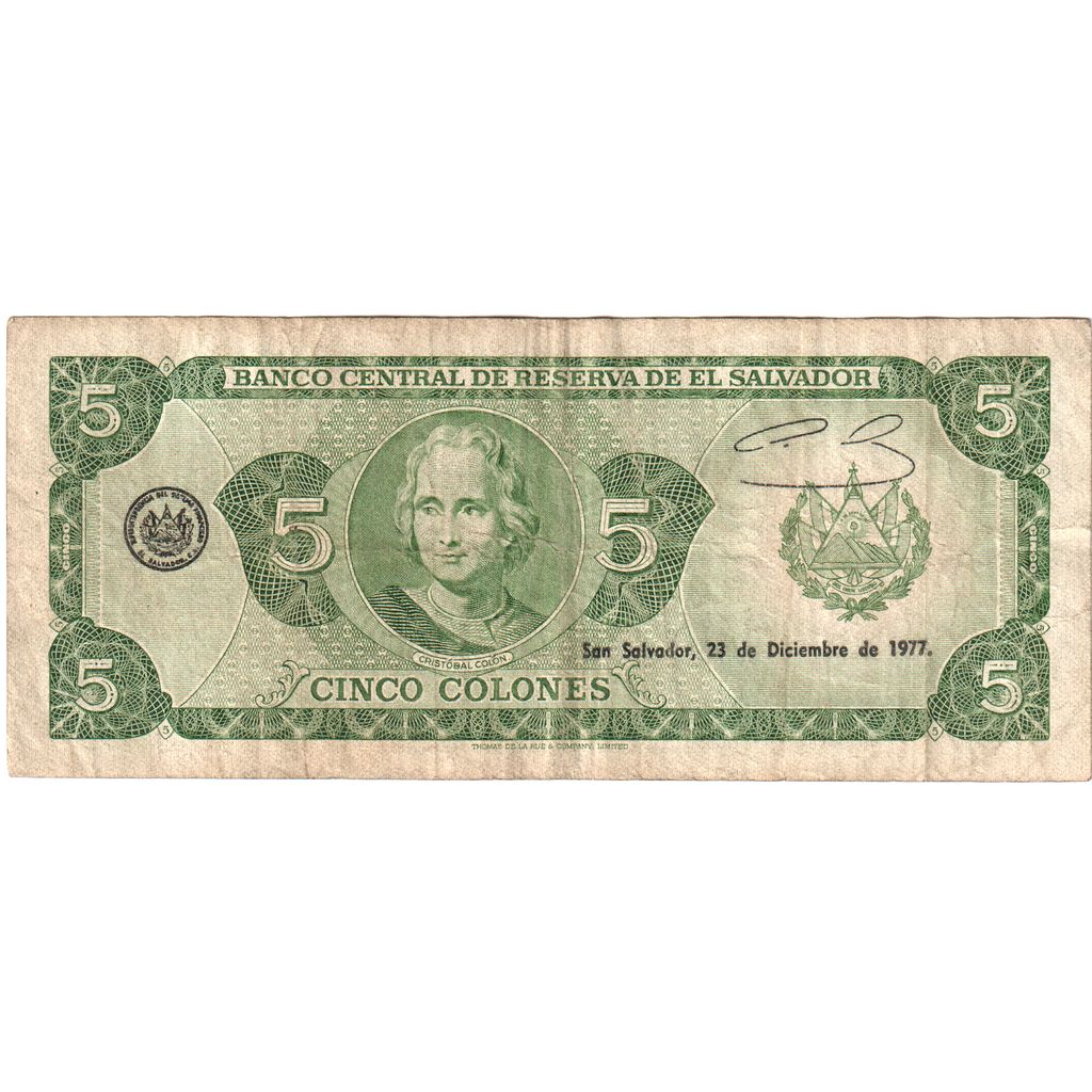 Banknote, El Salvador, 5 Colones, 1977, 1977-10-06, KM:126a, UNC(65-70)