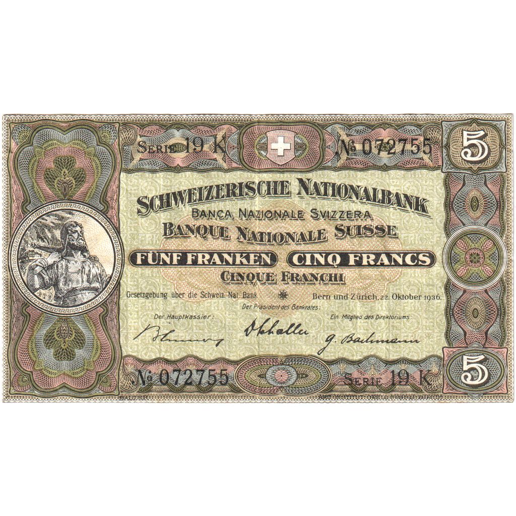 Banknote, Switzerland, 5 Franken, 1936, 1936-11-22, VF(30-35)