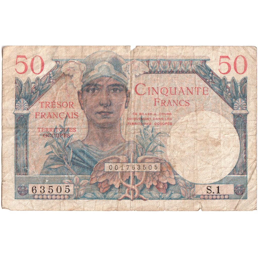 France, 50 Francs, 1947 French Treasury, 1947, KM #M8, VF(20-25), L.1, Fayette..