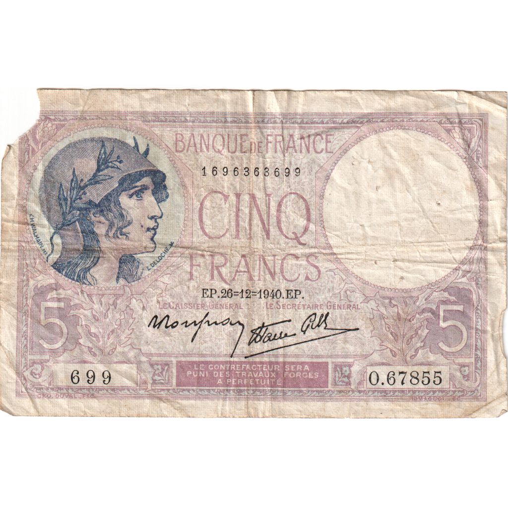 Frankrijk, 5 Francs, Violet, 1940-12-26, O.67855, TB