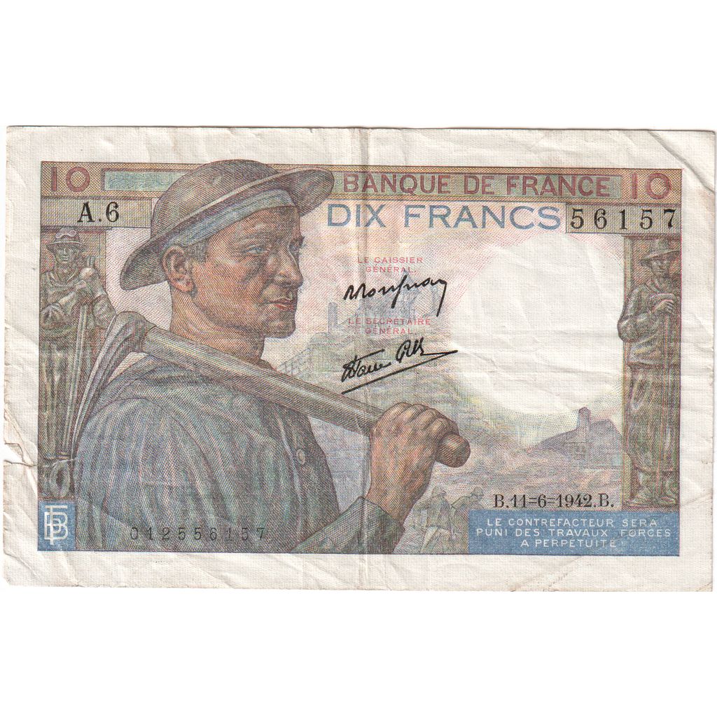 France, 10 Francs, Mineur, 1942-06-11, A. 6, TB+