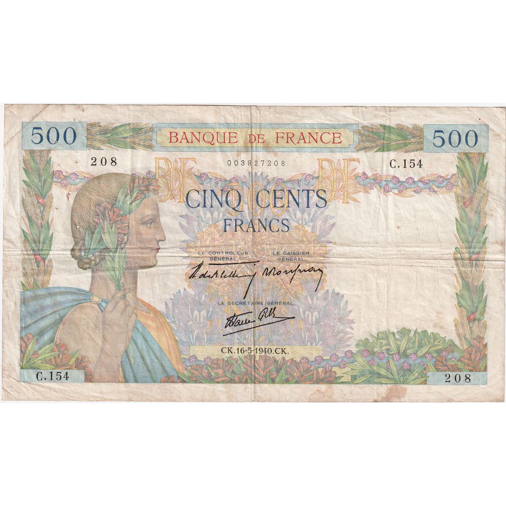 Francia, 500 Francs, La Paix, 1940, 1940-05-16, MB+, Fayette:32.02, KM:95a