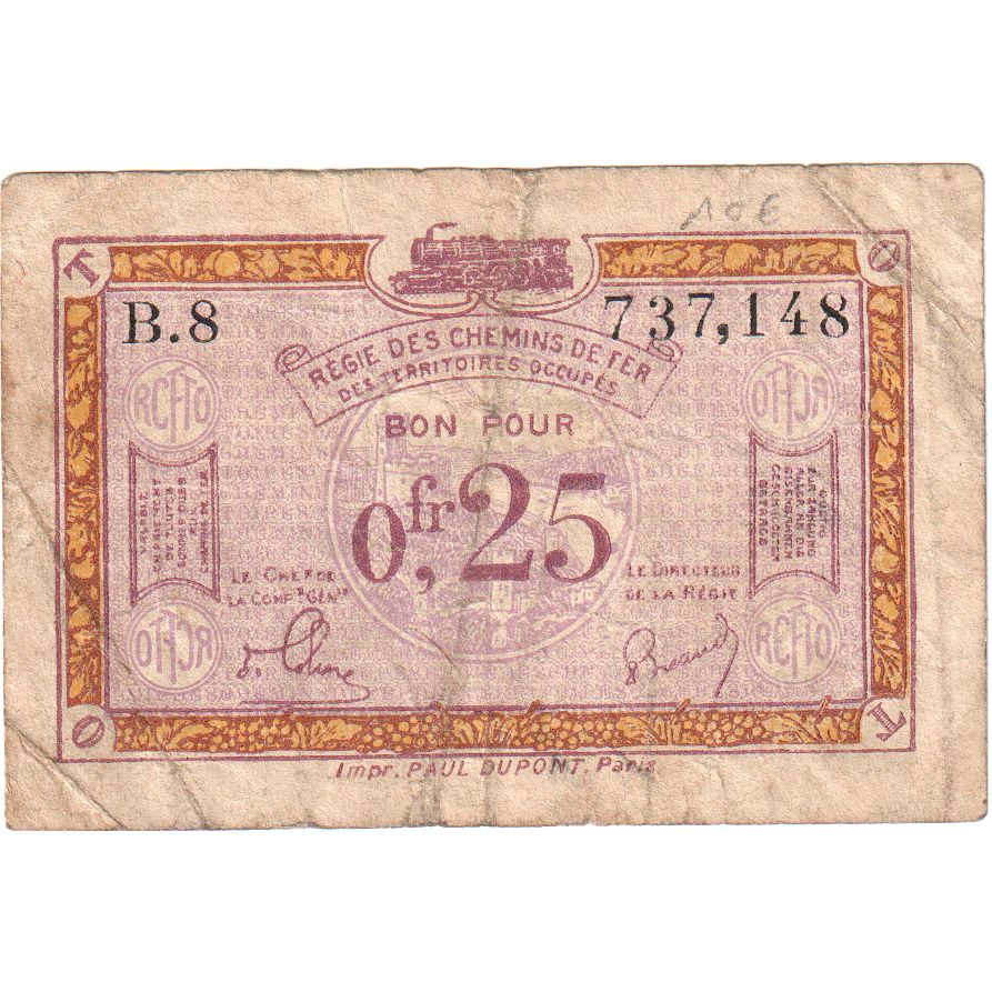 Francia, Régie des chemins de Fer, 25 Centimes, 1923, BC, Pirot:135-3
