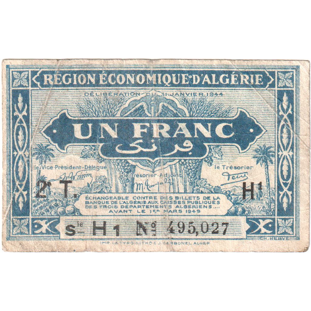 Algeria, 1 Franc, 1944-01-31, VF(30-35)
