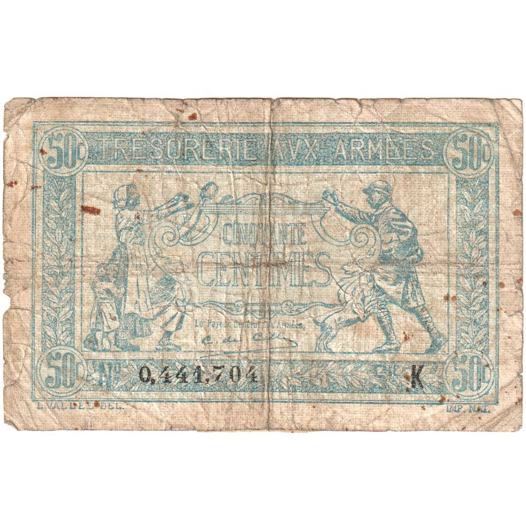 France, 50 Centimes, 1917-1919 Army Treasury, K, VF(20-25)