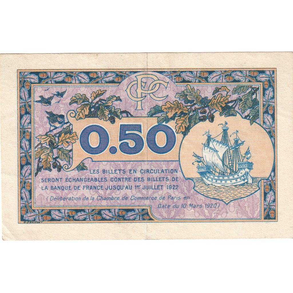 France, 50 Centimes, PIROT 97.31, 1922-07-01, A.4, PARIS, UNC(63)