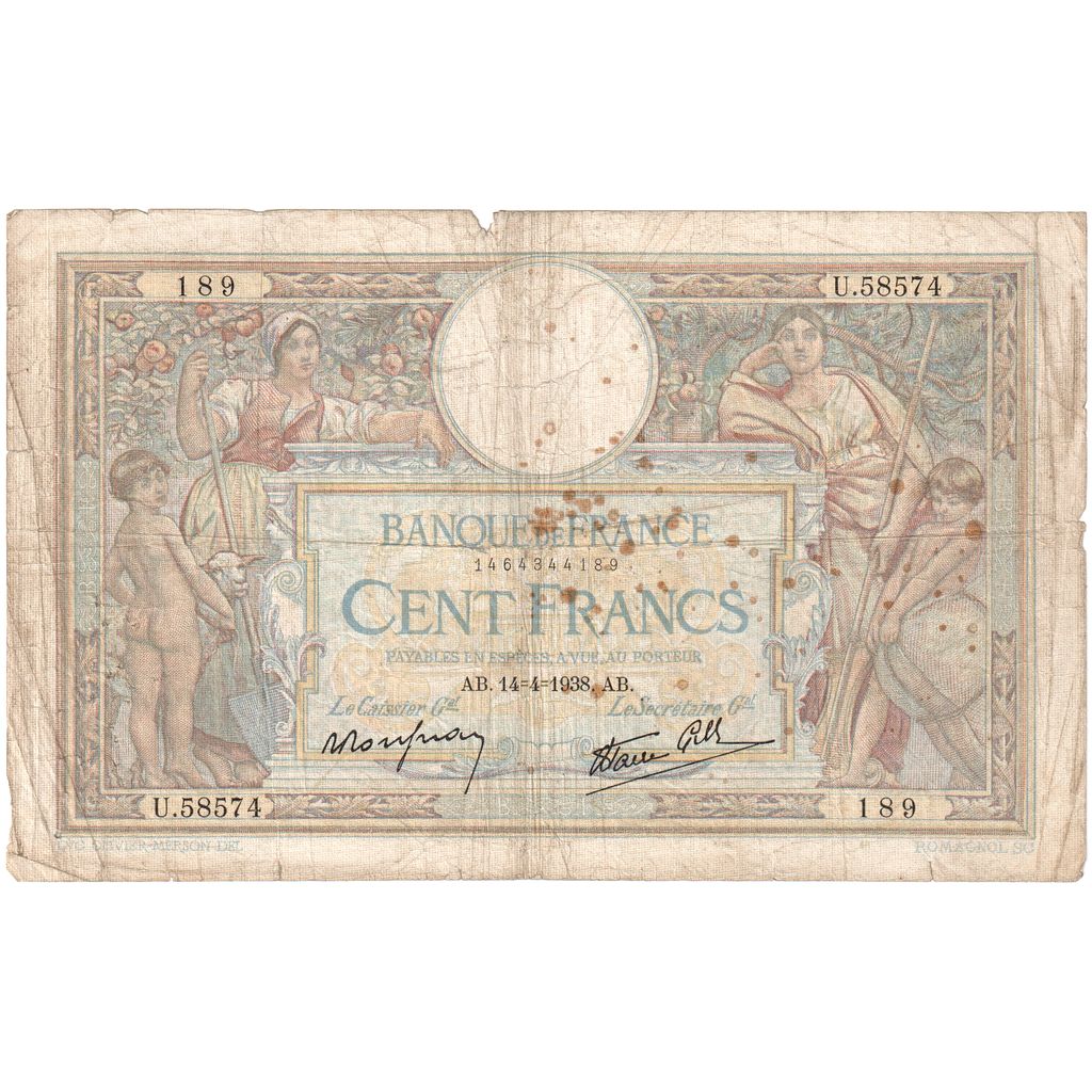 Francja, 100 Francs, Luc Olivier Merson, 1938-04-14, U.58574, VF(20-25)