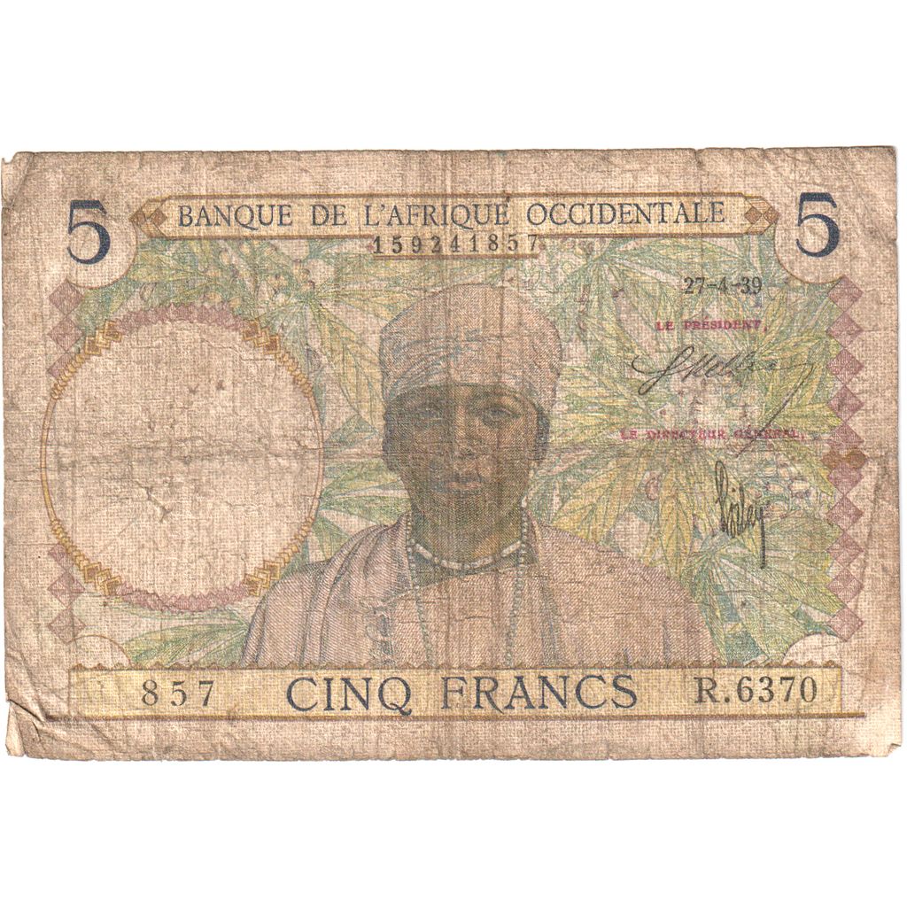 French West Africa, 5 Francs, 1942-04-22, VF(20-25)