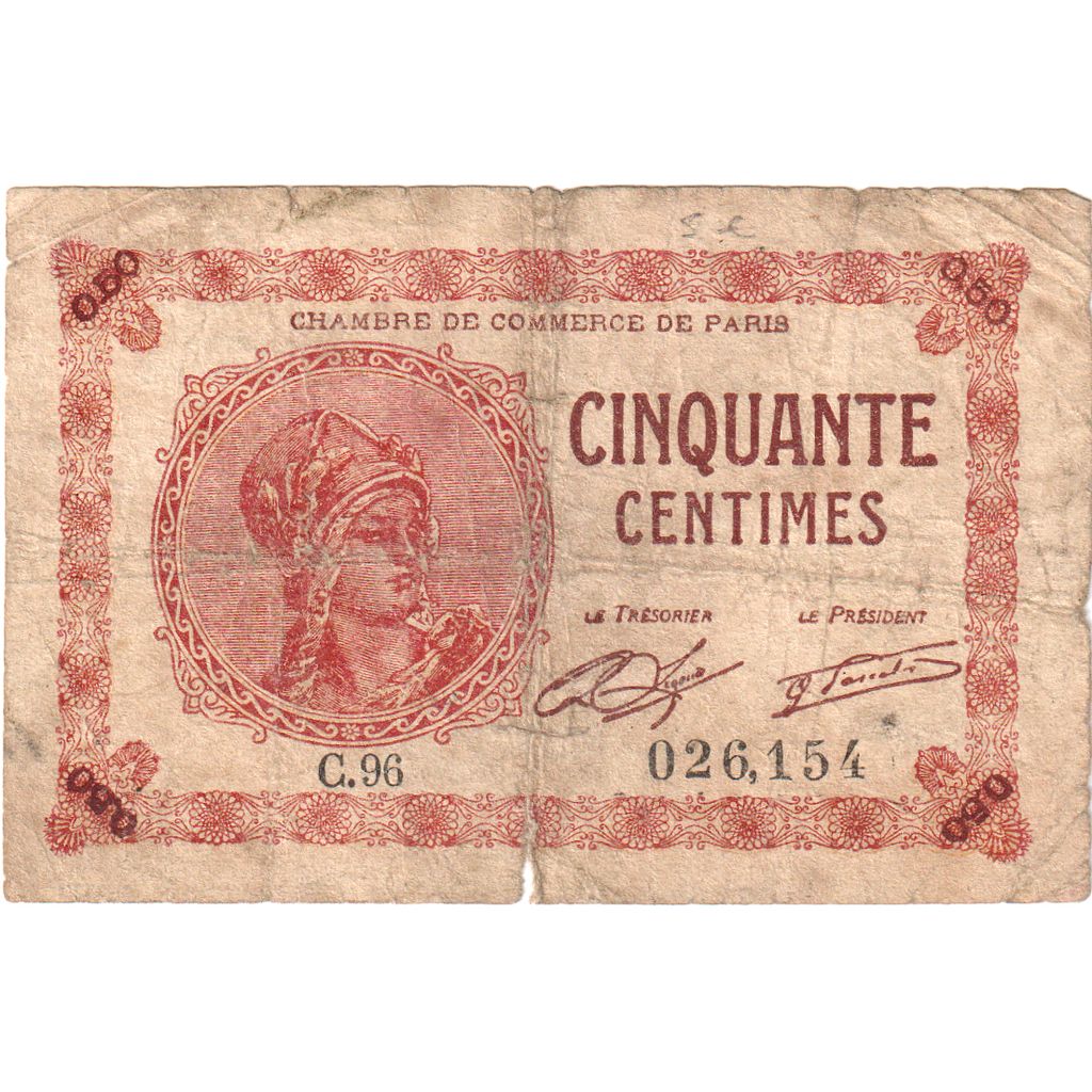 France, 50 Centimes, Other, 1920-03-10, C.96, PARIS, VF(20-25)