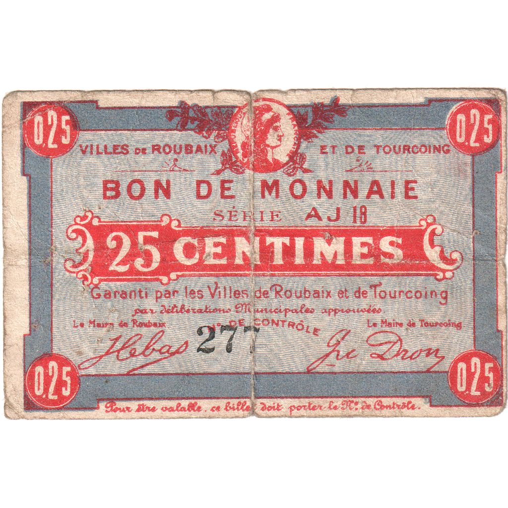 Frankrijk, ROUBAIX et TOURCOING, 25 Centimes, 1914-08-11, TB, Pirot:109-1