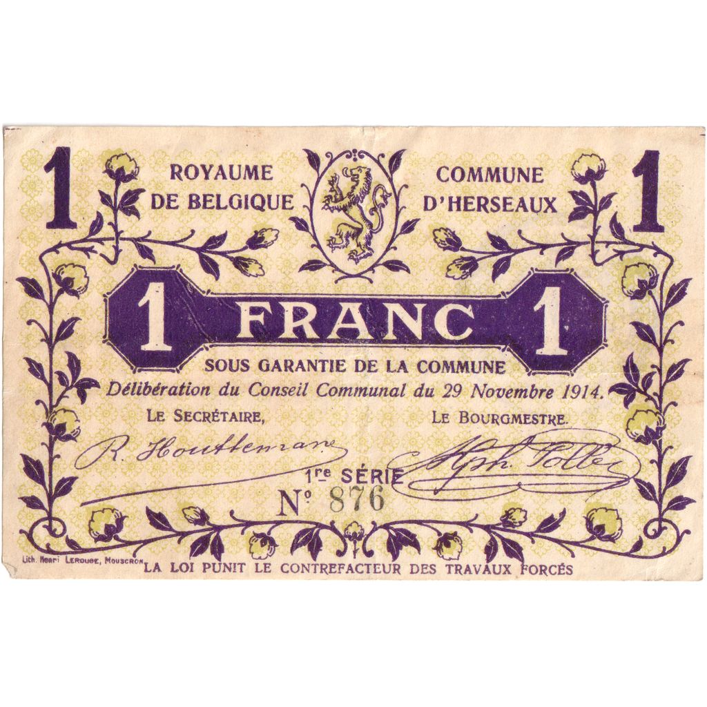 Belgium, 1 Franc, 1914-11-29, COMMUNE D HERSEAUX, EF(40-45)