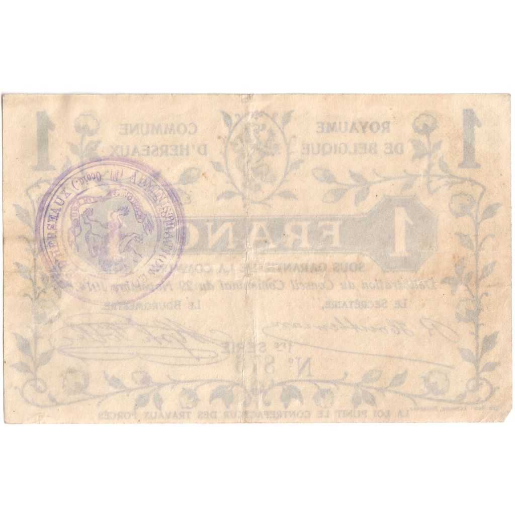Belgium, 1 Franc, 1914-11-29, COMMUNE D HERSEAUX, EF(40-45)