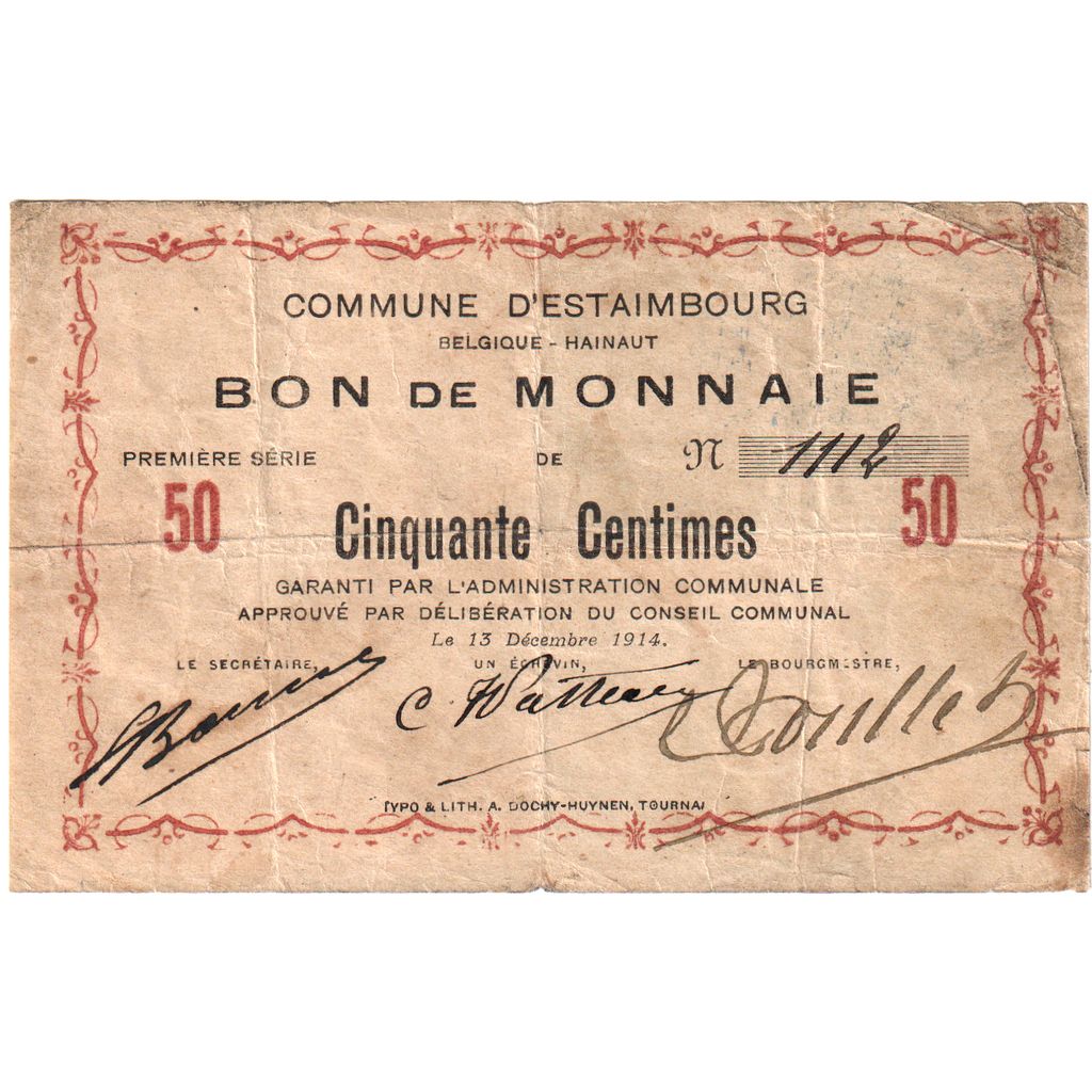 Belgium, 50 Centimes, 1914-12-13, COMMUNE D ESTAIMBOURG, VF(30-35)