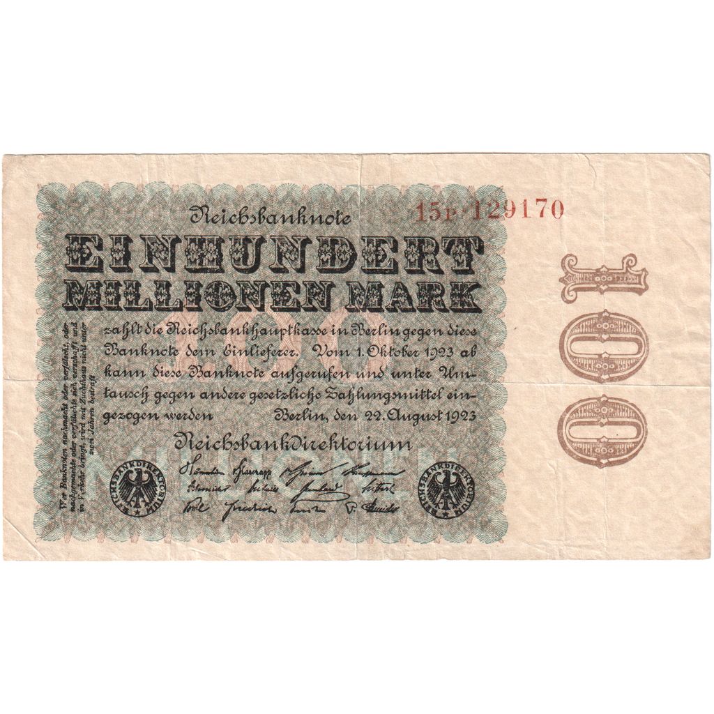 Allemagne, 100 Millionen Mark, 1923-08-22, SUP