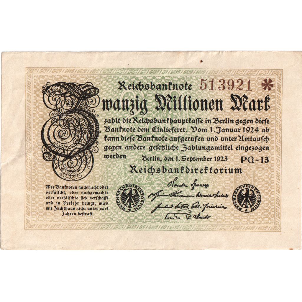 Deutschland, 20 Millionen Mark, 1923, KM:108c, 1923-09-01, VZ+