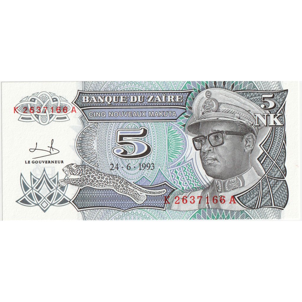 Zaire, 5 Nouveaux Makuta, 1993-06-24, UNC(65-70)