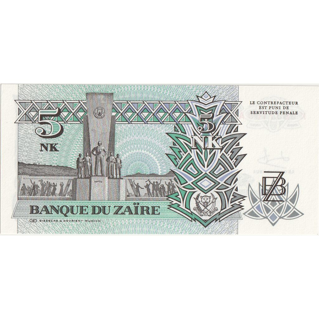 Zaire, 5 Nouveaux Makuta, 1993-06-24, UNC(65-70)