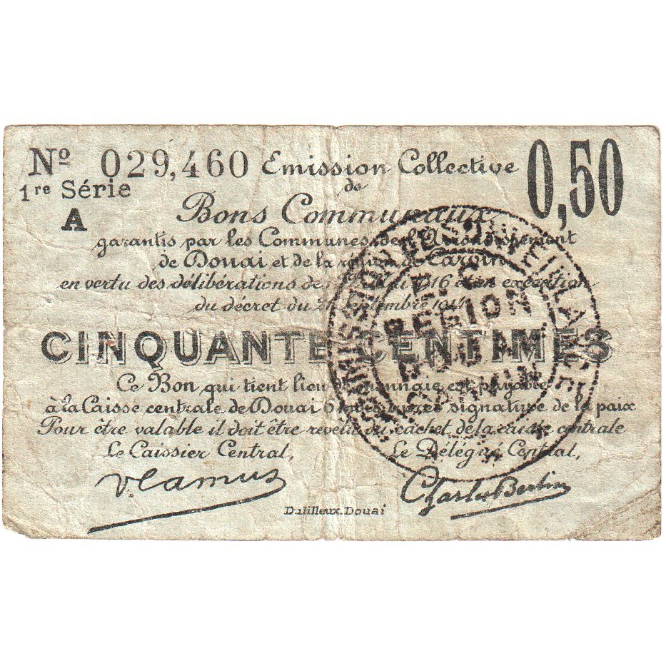Billete, 50 Centimes, Pirot:59-739, 1916, Francia, BC, Douai
