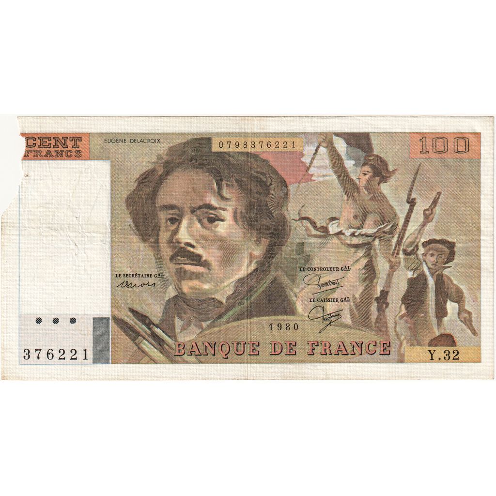 France, 100 Francs, Delacroix, Y.32, VF(20-25)