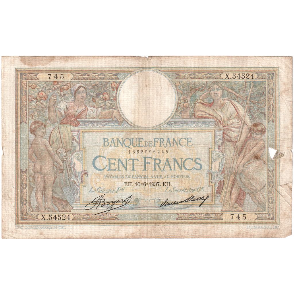 Frankrijk, 100 Francs, Luc Olivier Merson, 1937-06-10, X.54524, TB+