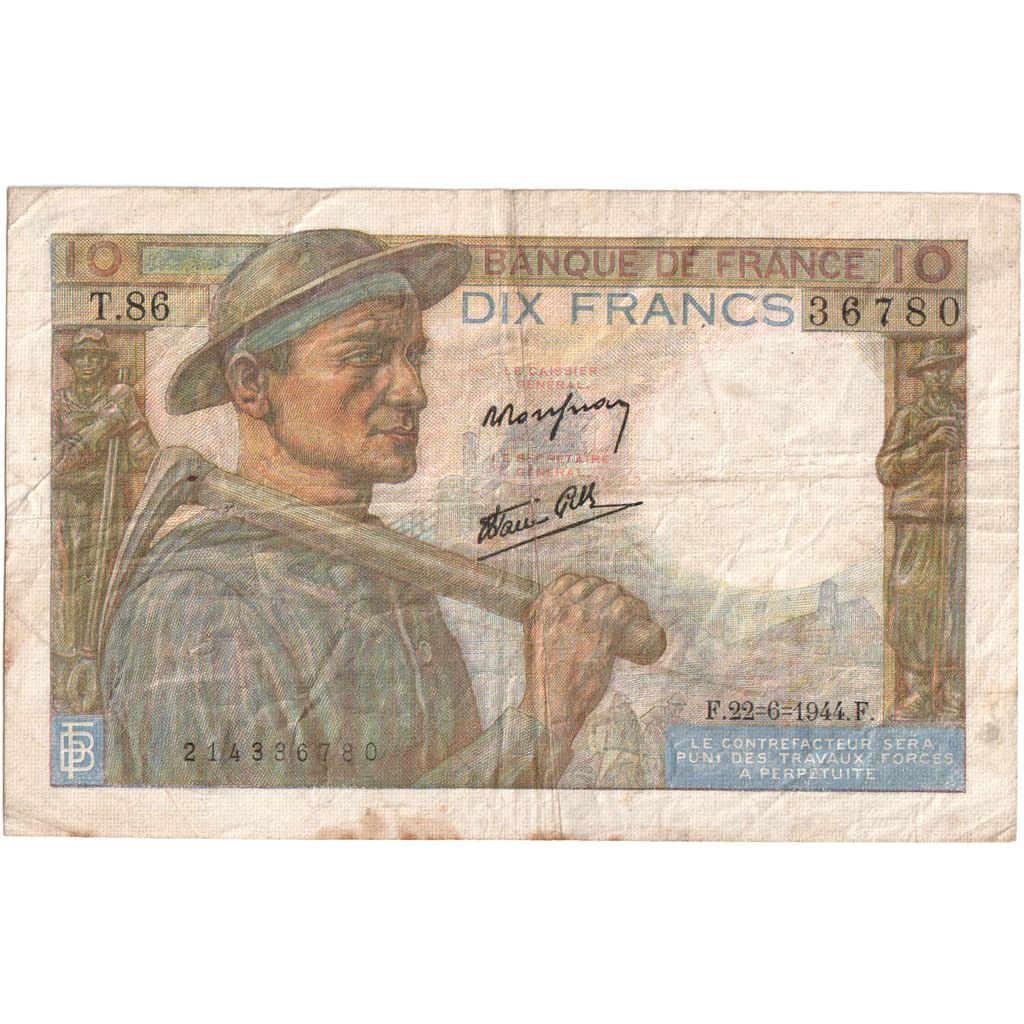 França, 10 Francs, Mineur, 1944-06-22, T.86, VF(20-25)