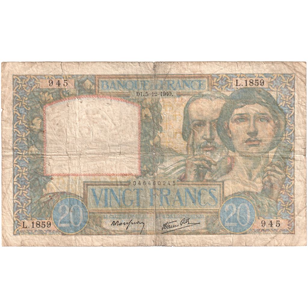 Francja, 20 Francs, Science et Travail, 1940-12-05, L.1859, VF(20-25)
