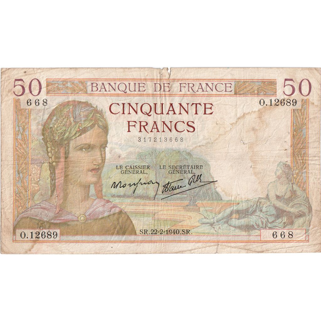 France, 50 Francs, Cérès, 1940-02-22, O.12689, VF(20-25)