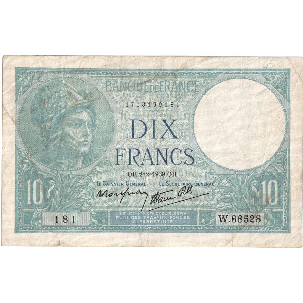 Francia, 10 Francs, Minerve, 1939-02-02, W.68528, BC+
